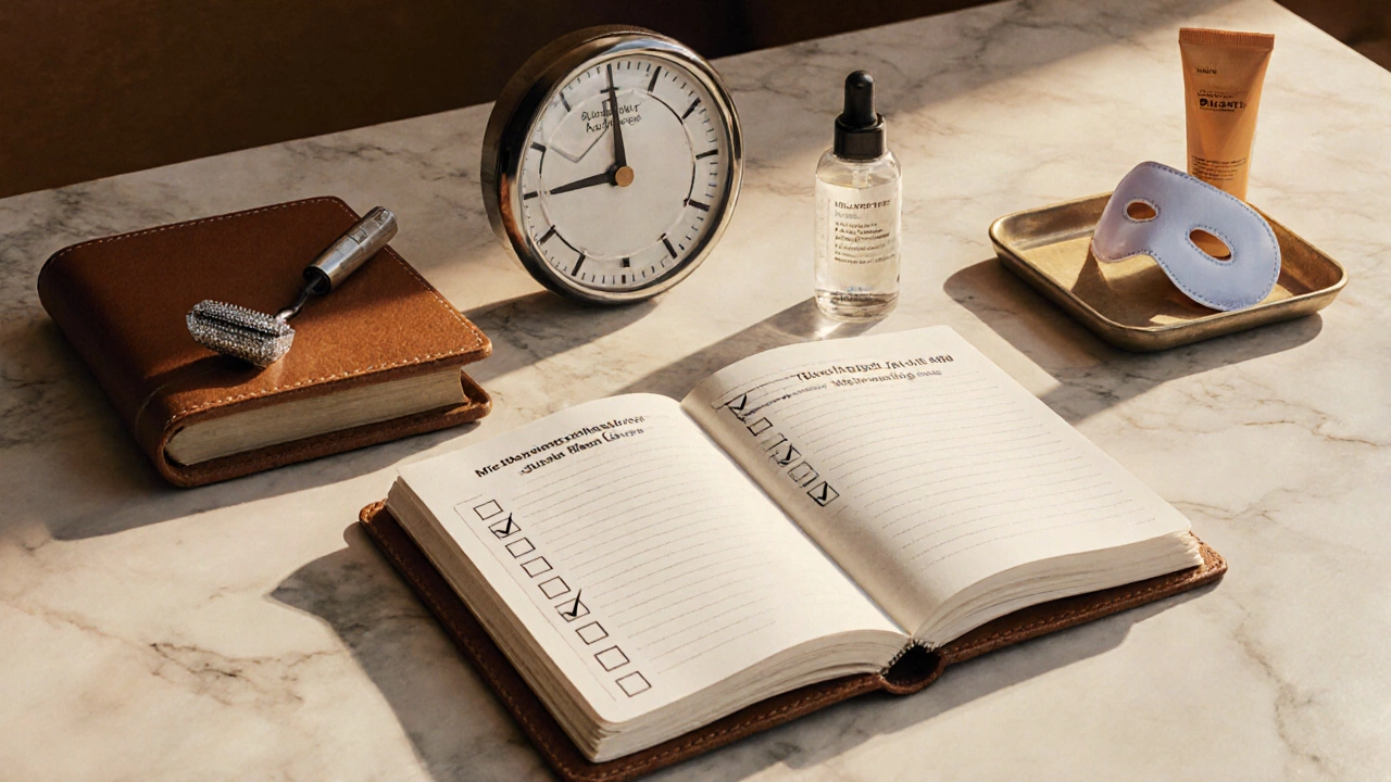 A marble table displays a checklist, clock, and skincare tools representing a personalized treatment routine.