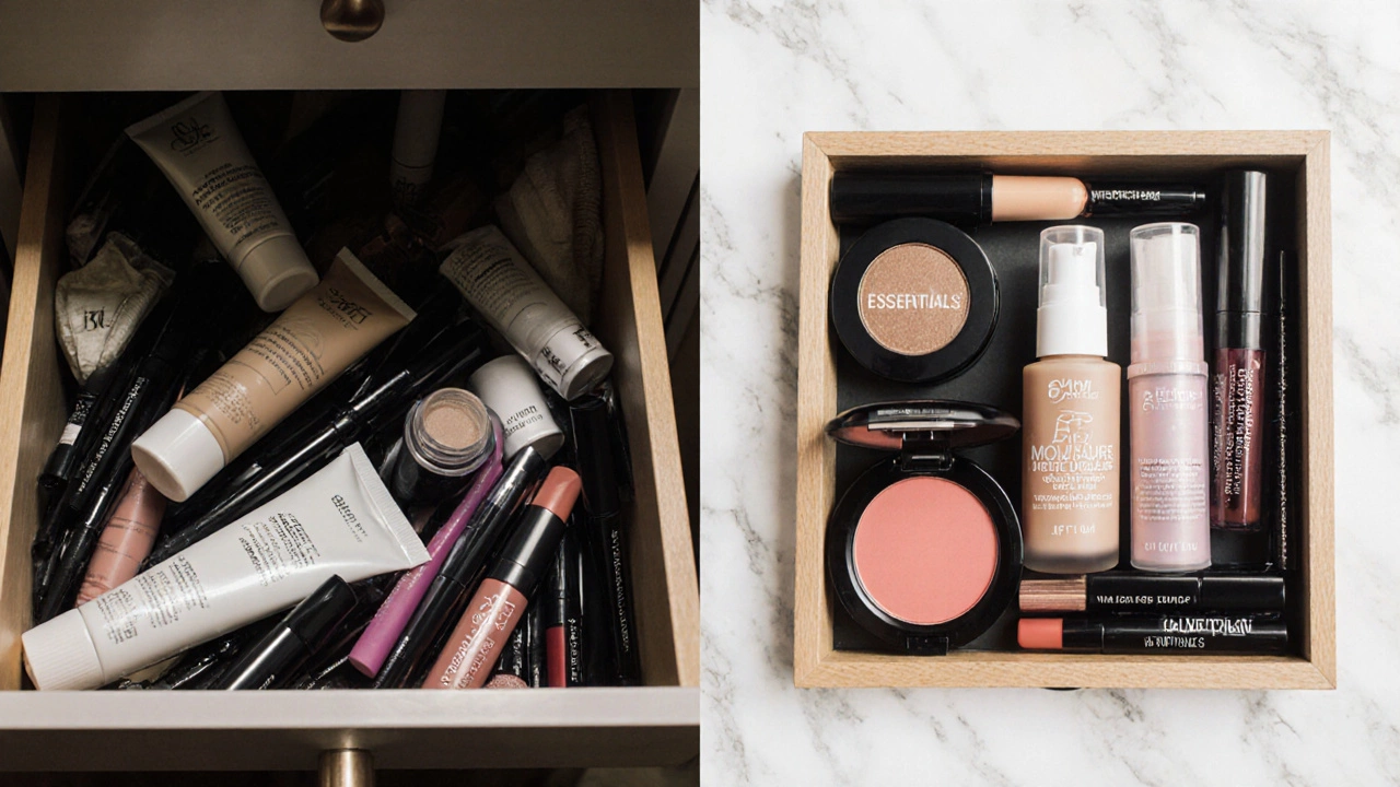 A side-by-side comparison: a messy makeup drawer versus a tidy tray with only ten essential beauty products.