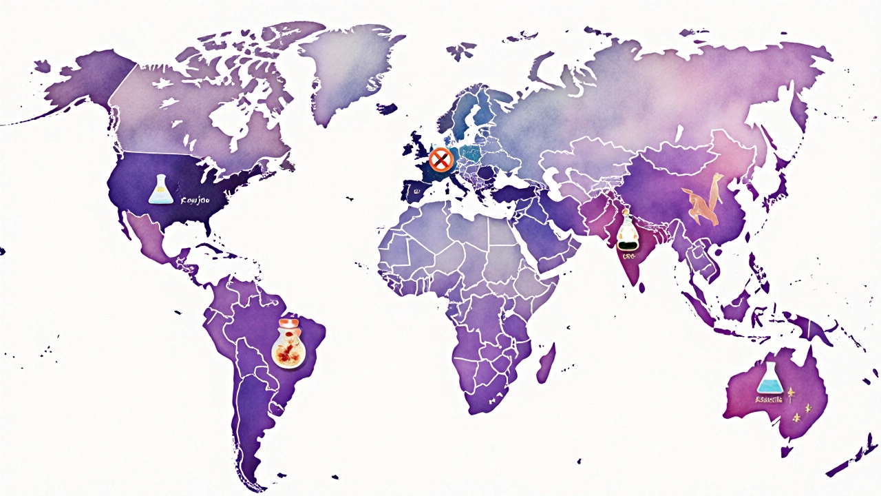 Artistic world map highlighting regions with icons representing animal testing policies.