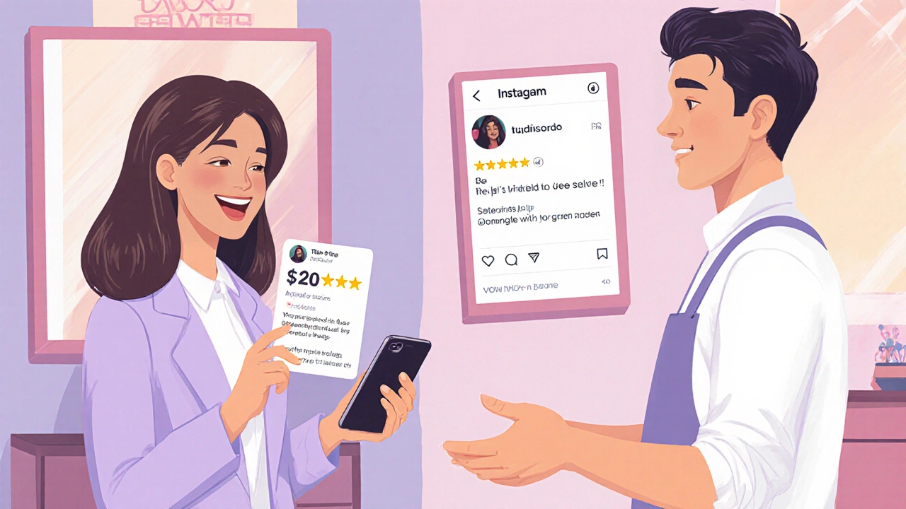 Client gives gift card and shows a positive review on phone to stylist.