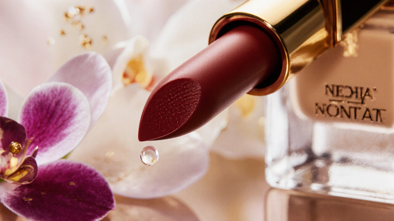 Close‑up of a high‑end lipstick tube with rich pigment and a shimmering foundation drop.