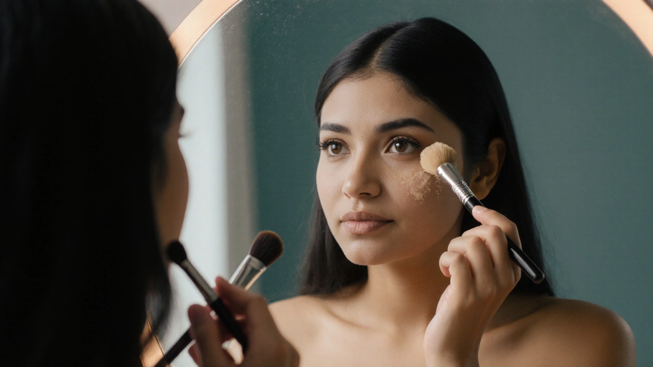 Close‑up of an Indian beginner applying foundation and concealer with brushes.