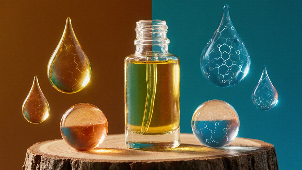 Close‑up of facial oil bottle surrounded by golden, orange, and clear droplets beside blue synthetic spheres.