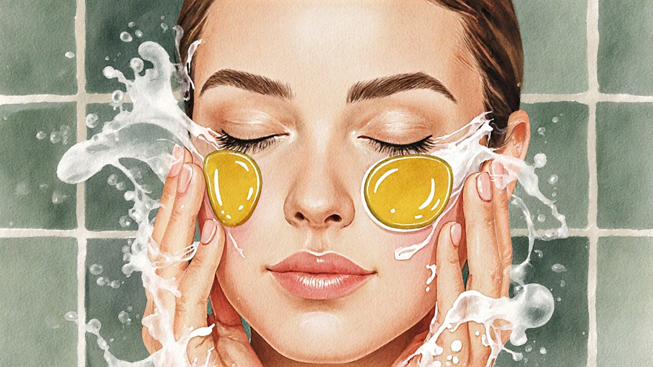 Close‑up of hands massaging oil cleanser on a woman&#039;s face as it turns milky.