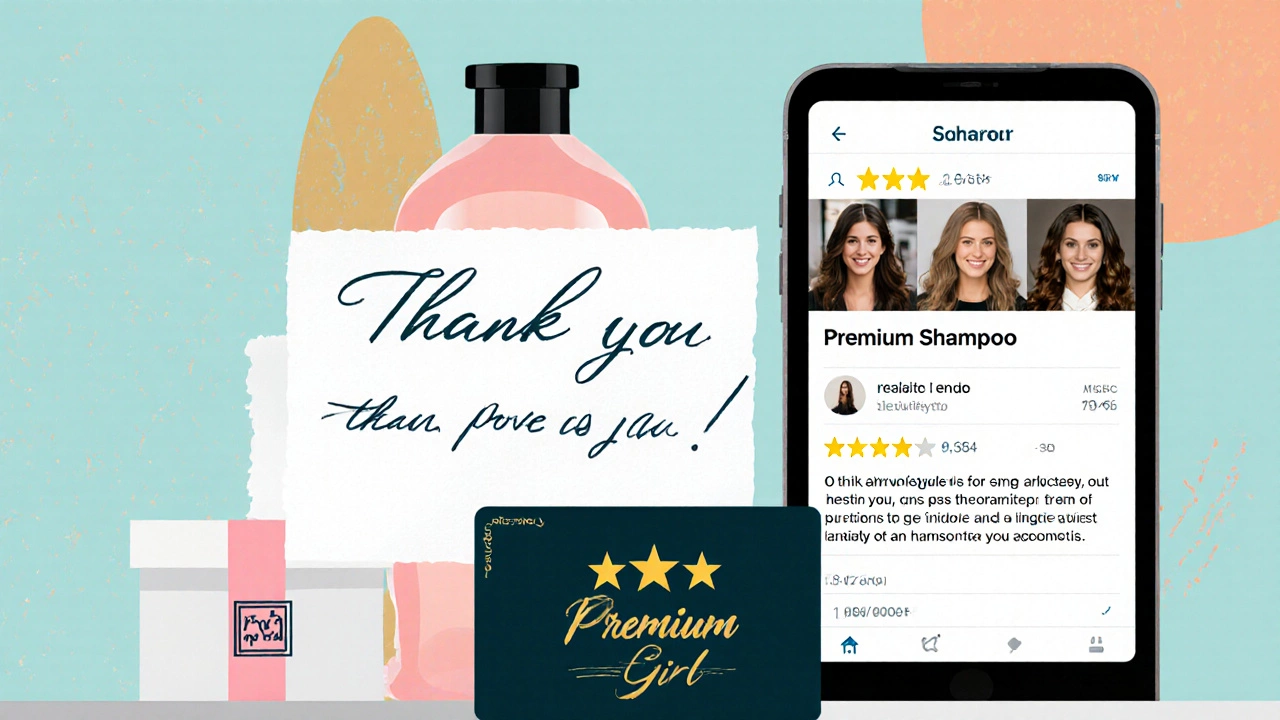 Collage of thank‑you note, shampoo bottle, phone review, and gift box showing tip alternatives.