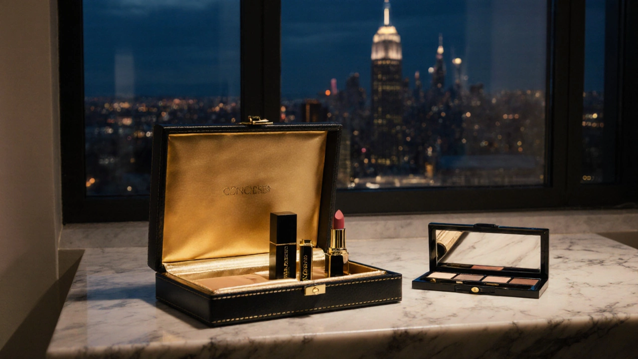 Concierge delivering a gold‑lined box of travel‑size luxury makeup to a modern apartment.
