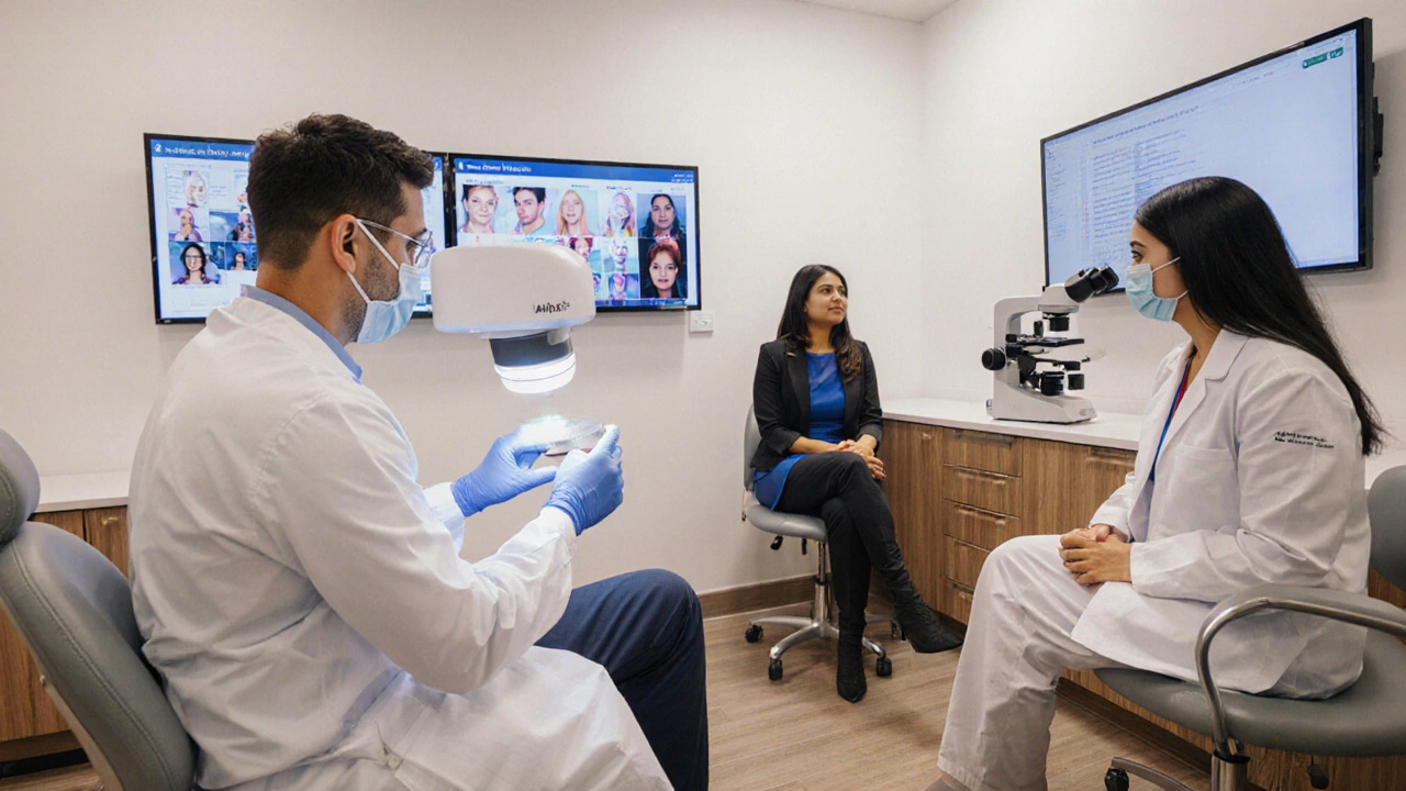 Dermatology team working together in clinic with digital tools and surgical equipment