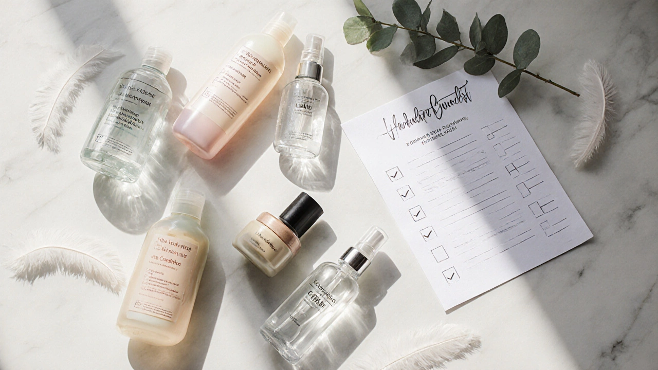 Flat lay of shampoo, conditioner, mask, heat protectant, styling cream, finishing spray, a travel‑size bottle and a checklist on marble.