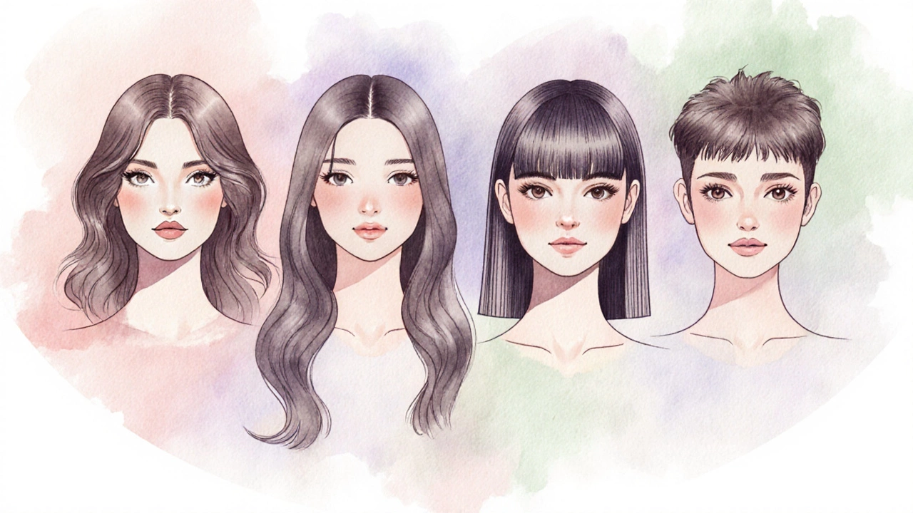 Four women with different face shapes wearing haircuts that suit each shape.
