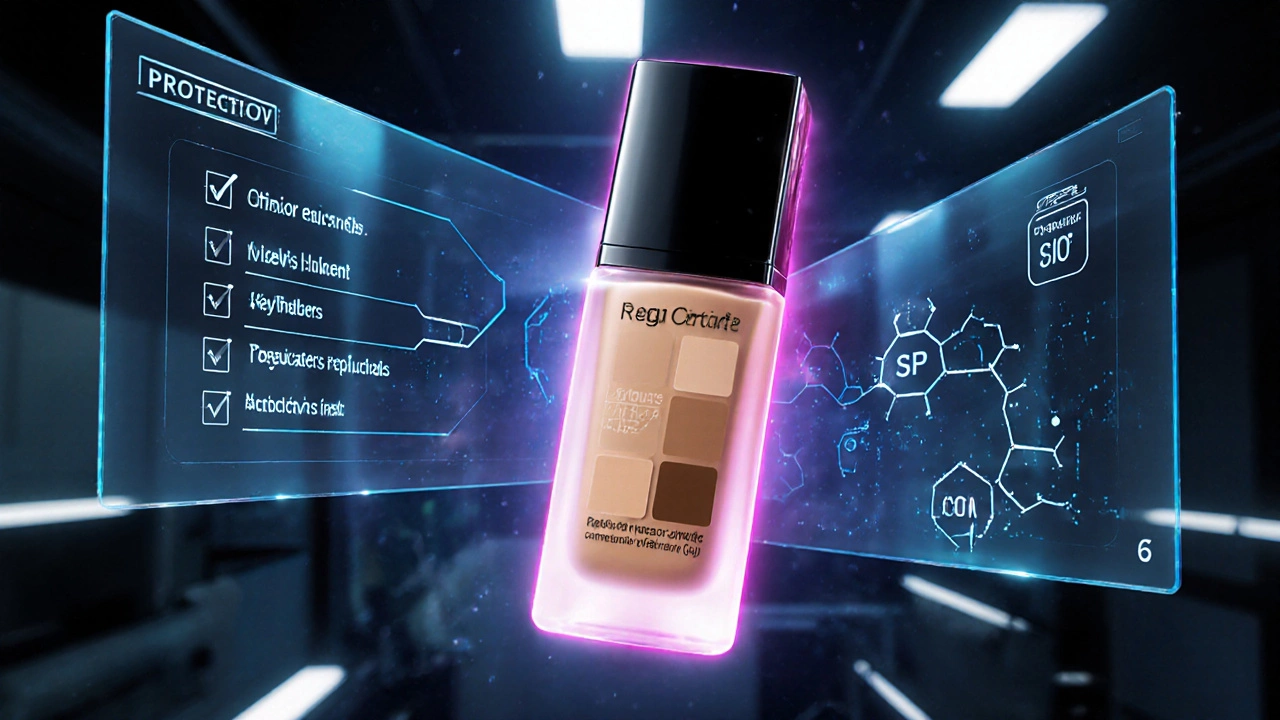 Futuristic lab scene showing a hybrid foundation bottle with decorative and protective holograms.