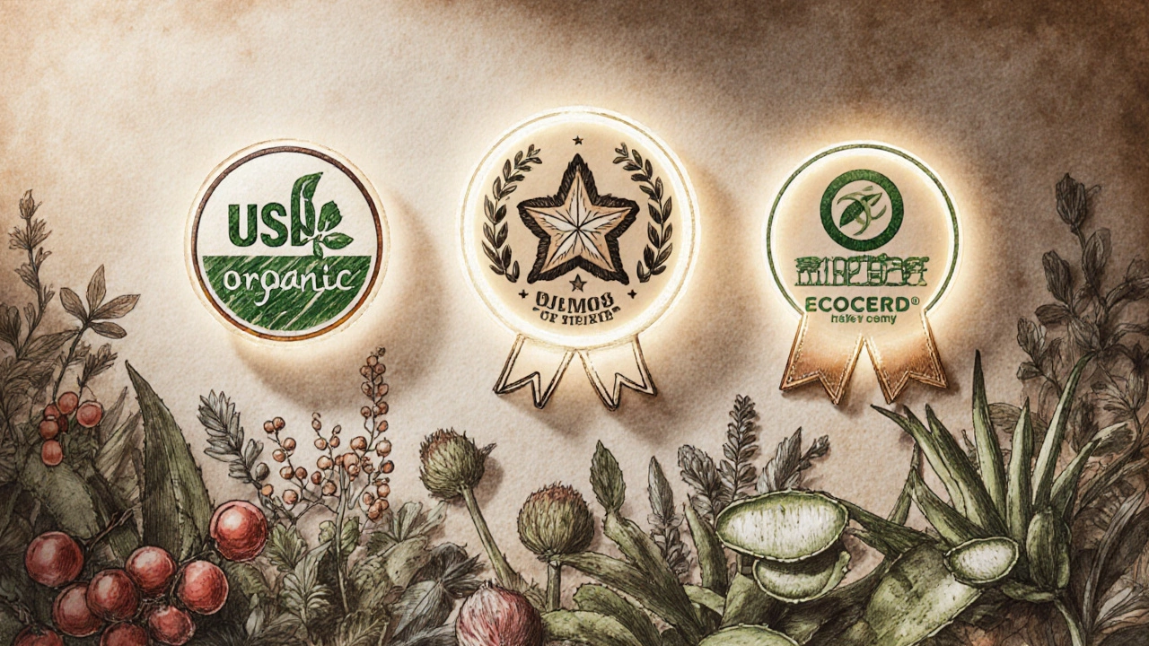 Glowing certification emblems rest among garden herbs and flowers.