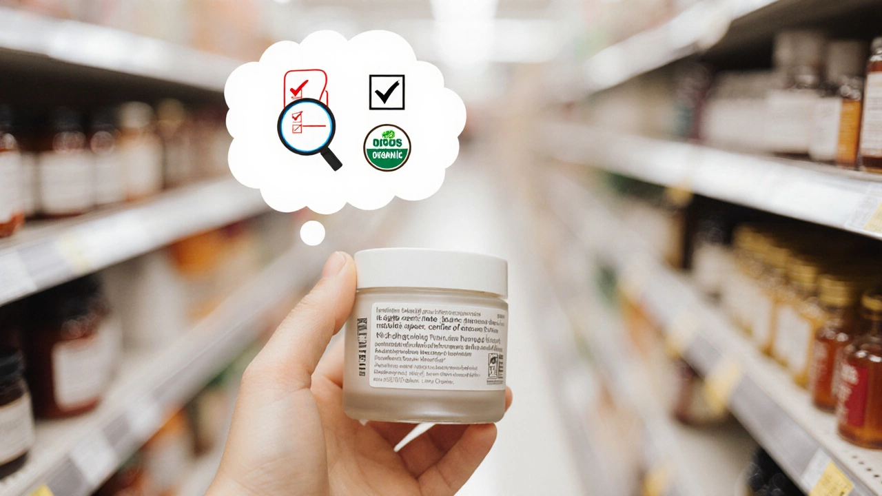 Hand holding a cream jar in a store aisle, thought bubble shows checklist and green certification seal.