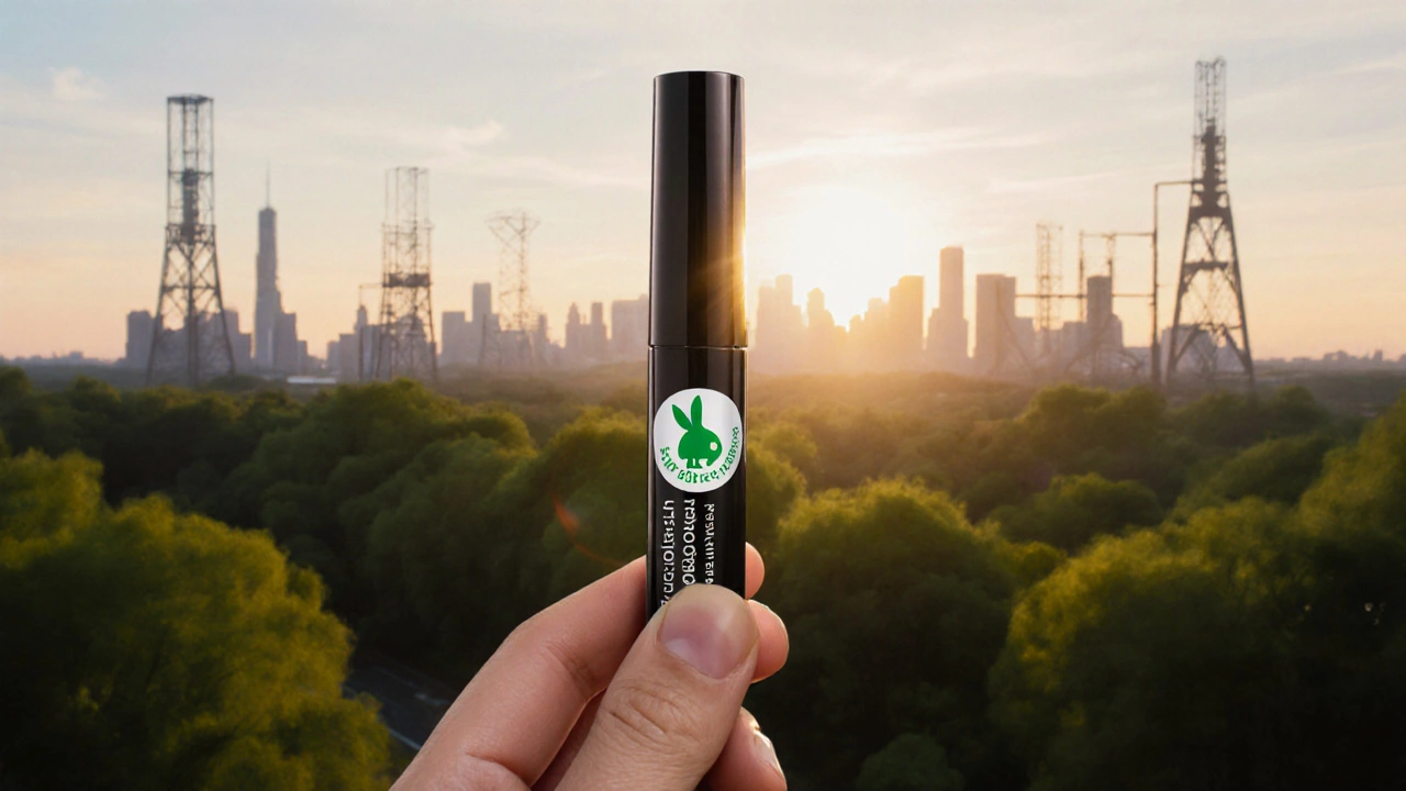 Hand holding a mascara tube with Leaping Bunny seal against a nature‑city backdrop.
