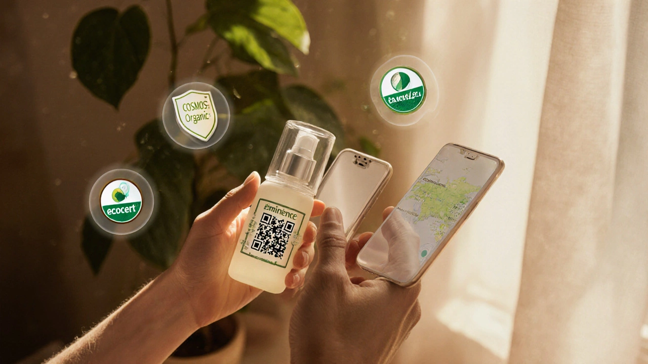 Hands holding an Eminence bottle with phone showing batch code and floating certification icons.