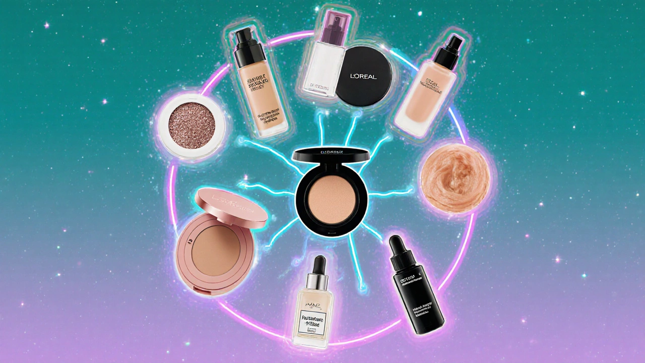 Illustrated collage of ten iconic beauty products arranged in a circular, futuristic composition.