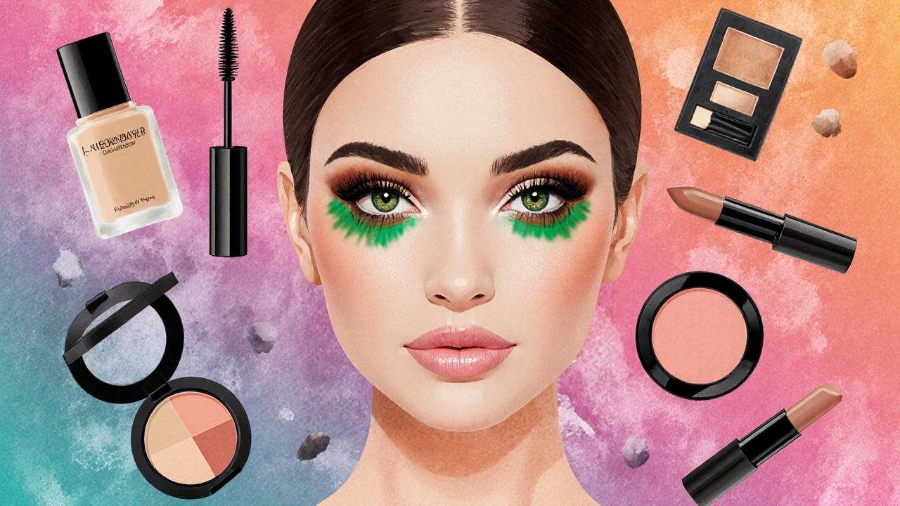 Illustrated portrait of a complete makeup look with vibrant eyeshadow, mascara, blush, nude lipstick, surrounded by product icons.