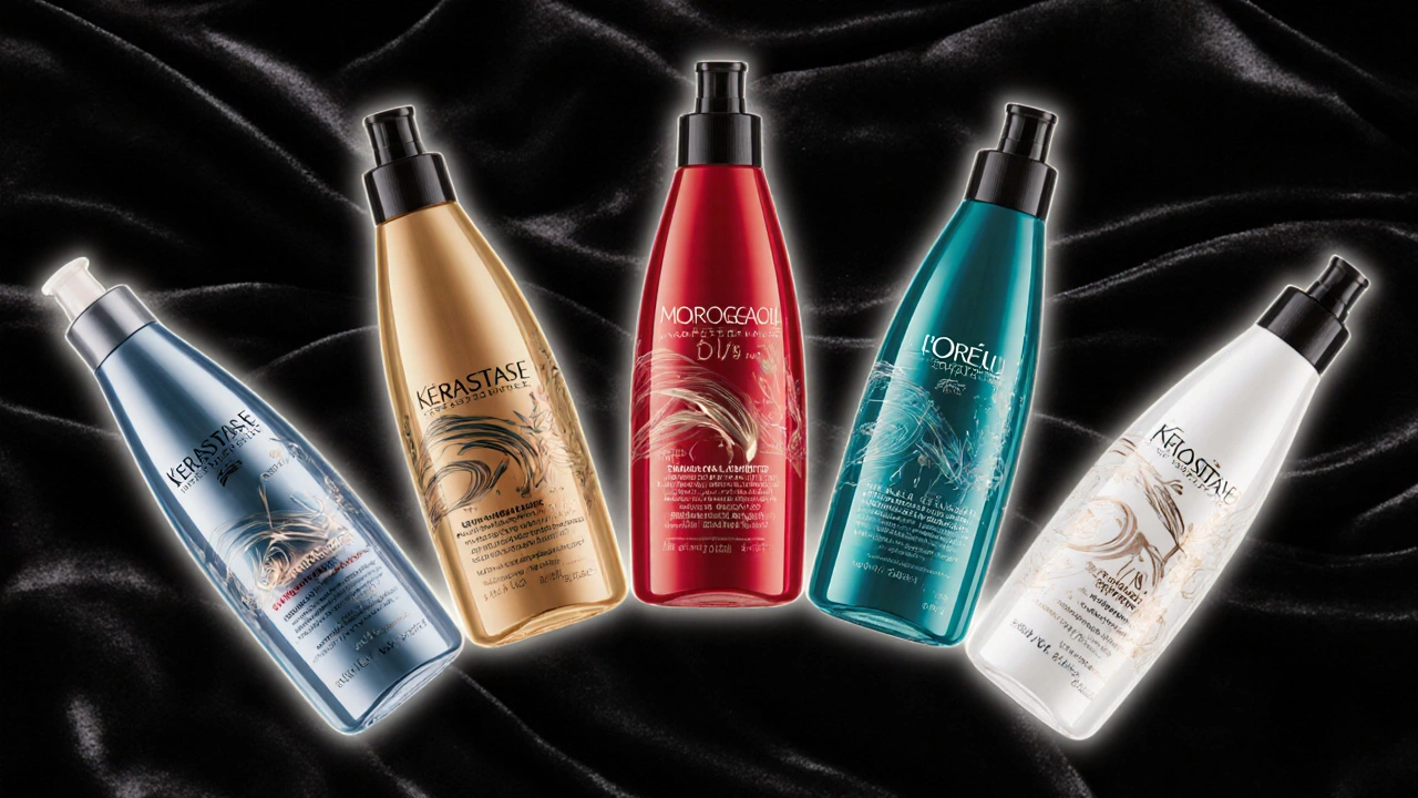 Illustrated set of six premium salon product bottles: Olaplex, Kerastase, Redken, Moroccanoil, L’Oréal Professionnel, Wella.