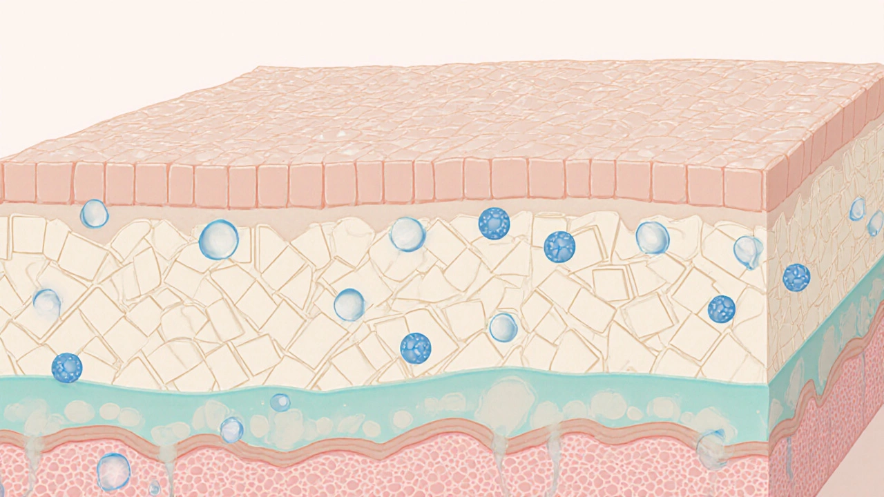 Illustrated skin layer showing ceramides, hyaluronic acid droplets, and niacinamide spheres.