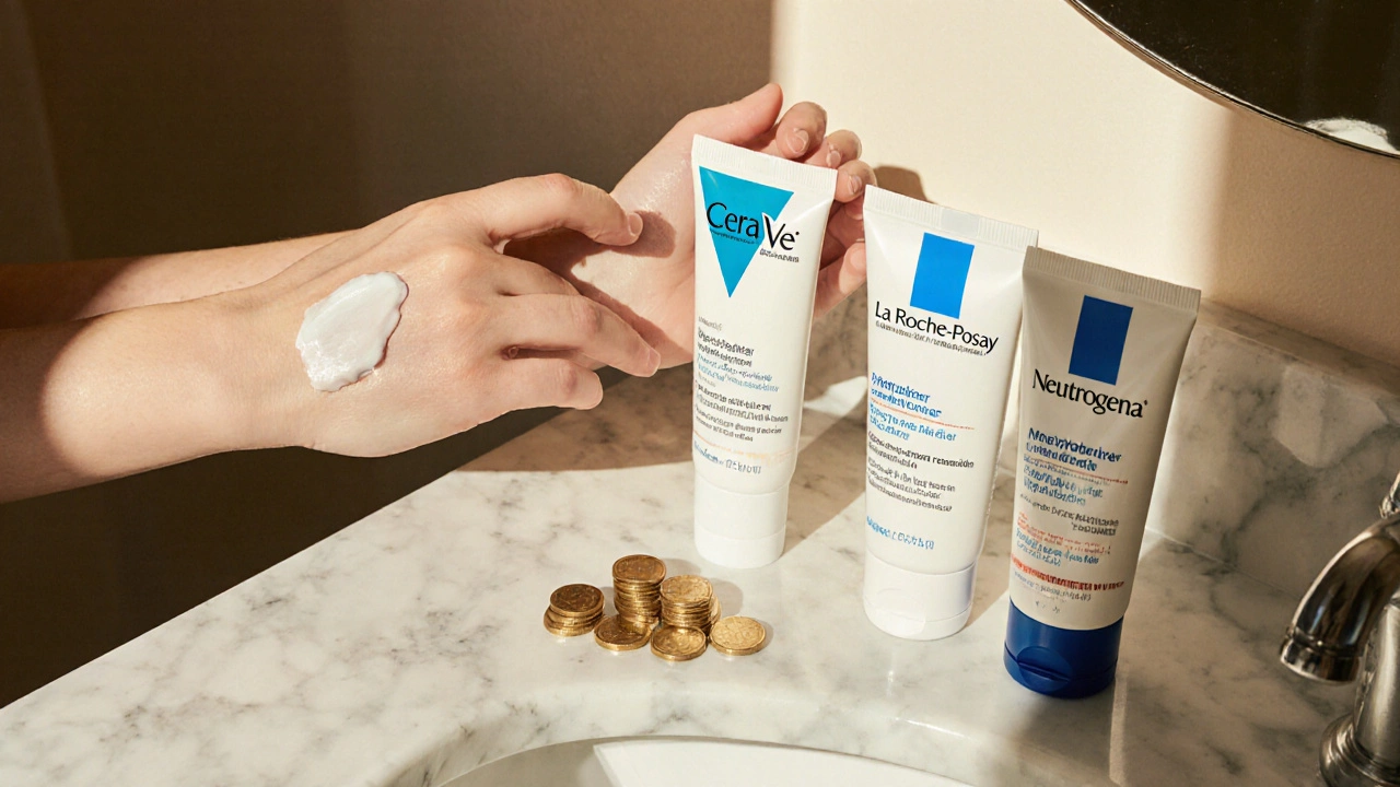 Person applying moisturizer with three product tubes and coin stacks on a bathroom counter.