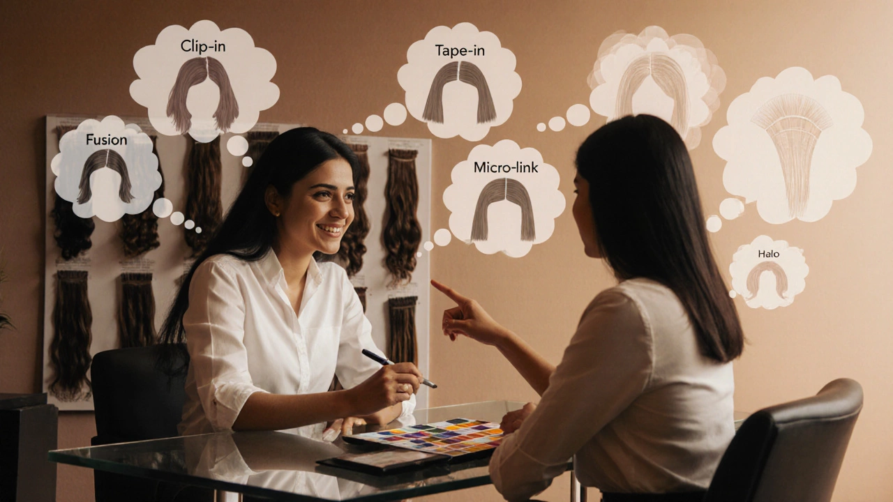 Salon consultation with client and stylist, surrounded by faint outlines of extension types.