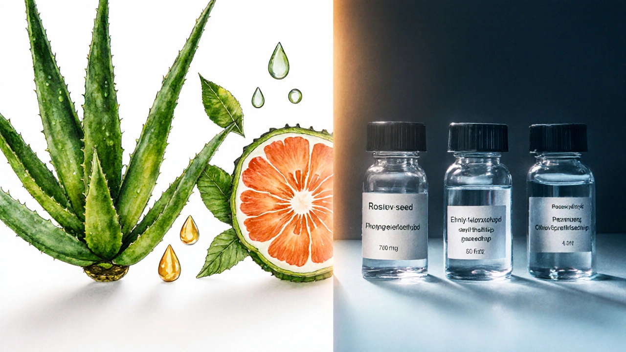 Split illustration showing botanical ingredients on left and lab vials of preservatives on right.