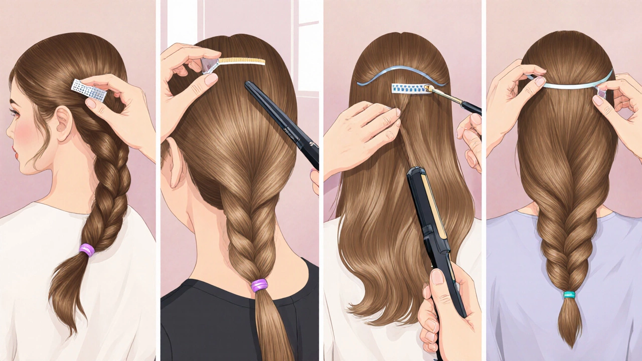 Split illustration showing clip‑in, tape‑in, sew‑in, fusion, micro‑link, and halo extensions being applied.