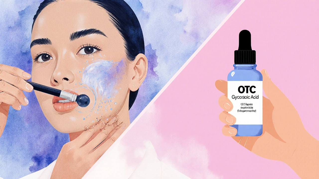 Split illustration shows a dermatologist applying a strong peel versus a hand holding a regular serum bottle.