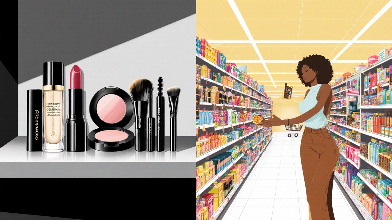 Split view showing a high‑end cosmetic counter beside a bright drugstore aisle.