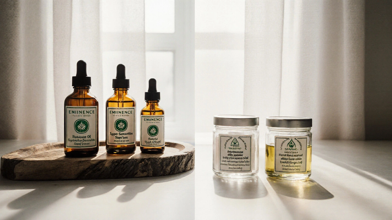 Vanity displaying Eminence skincare alongside fully USDA‑organic products.