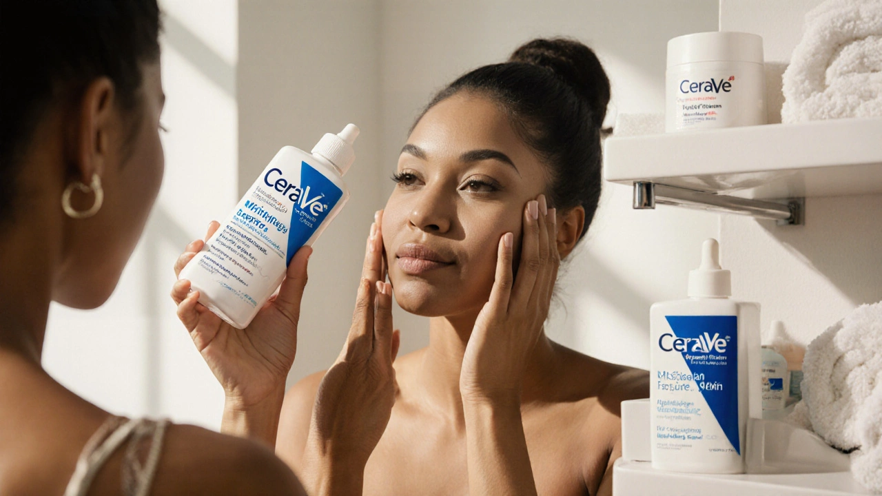 Woman applying CeraVe lotion in a bright bathroom with full CeraVe product line displayed.