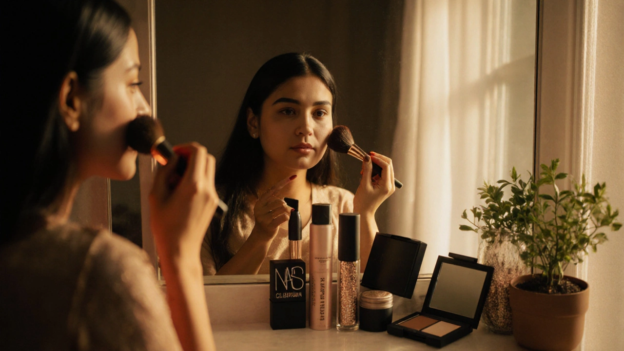 Woman applying makeup at a vanity, surrounded by sustainable beauty products and warm lighting.