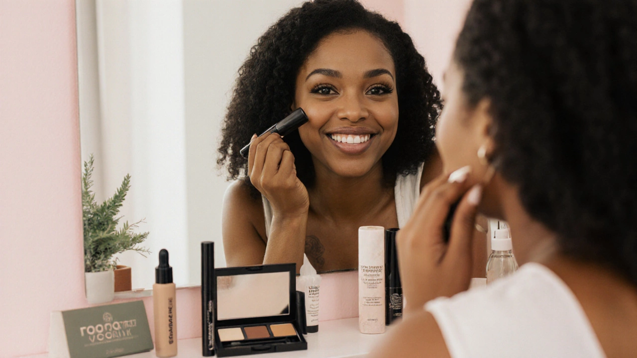 Woman applying makeup at home surrounded by diverse US beauty products.