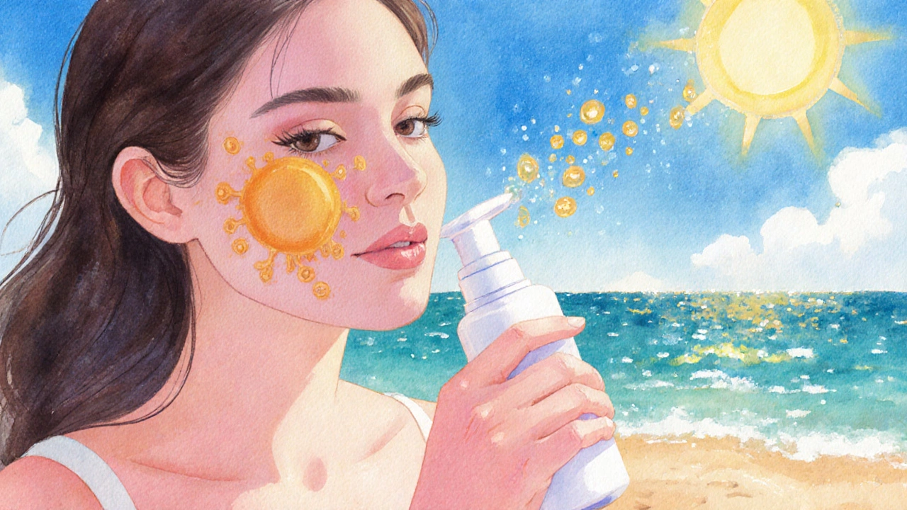 Woman applying sunscreen on beach with glowing mineral particles illustrating protection.