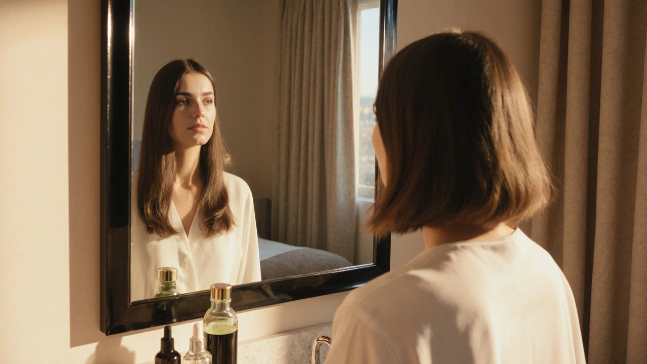 Woman looking at a mirror where one reflection has long hair and the other short hair, surrounded by hair products.