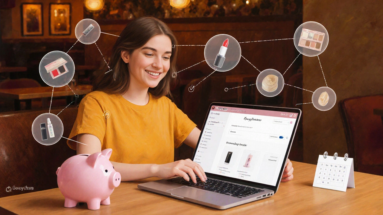 Woman using BoxyCharm Insider portal, surrounded by swapped cosmetics and budgeting symbols.