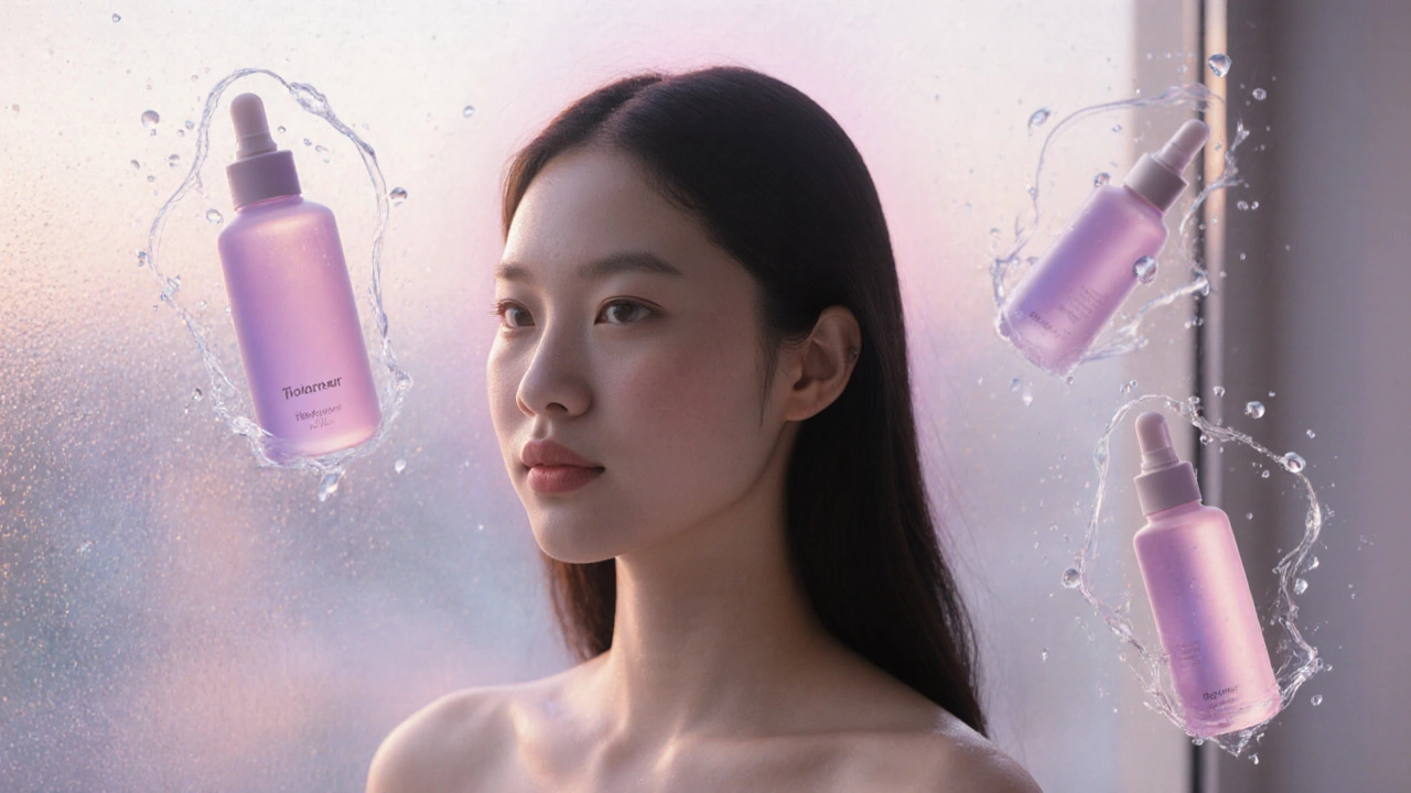 Woman with radiant, clear skin surrounded by gentle light, representing double cleansing benefits.