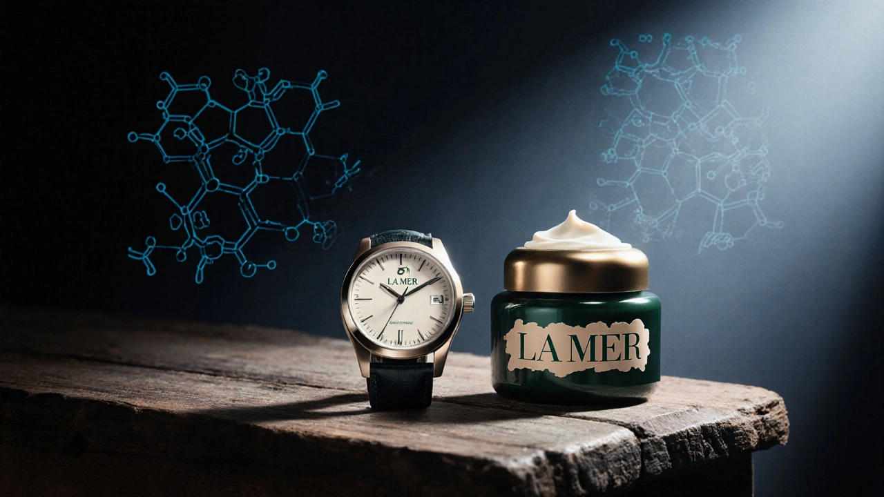 A Swiss watch and La Mer jar side by side under a spotlight, with subtle skin barrier diagrams fading into the background.