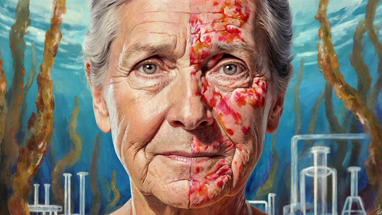 A woman&#039;s face showing healed skin on one side and damaged skin on the other, with kelp and lab elements in the background.