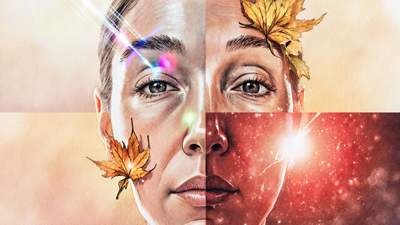 Artistic split-face illustration showing four anti-aging treatments working simultaneously on skin layers.