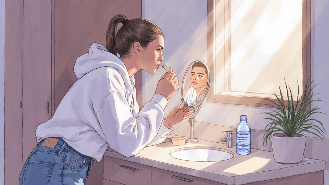 Celebrity applying lightweight skin tint at home in natural light, looking casual and relaxed.