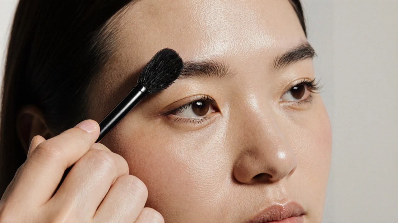 Close-up of hand defining natural eyebrows with a spoolie and light brow pencil strokes.