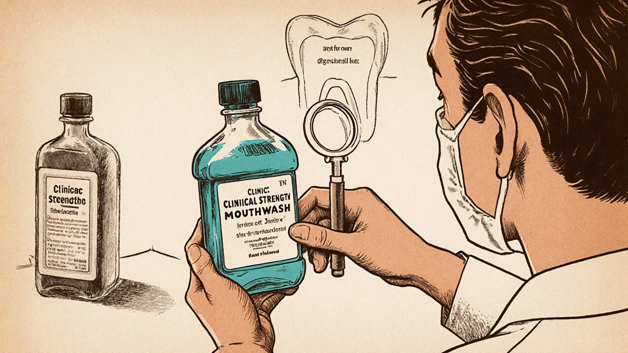 Dentist giving a patient a clinically proven mouthwash, with active ingredients visible under magnification.