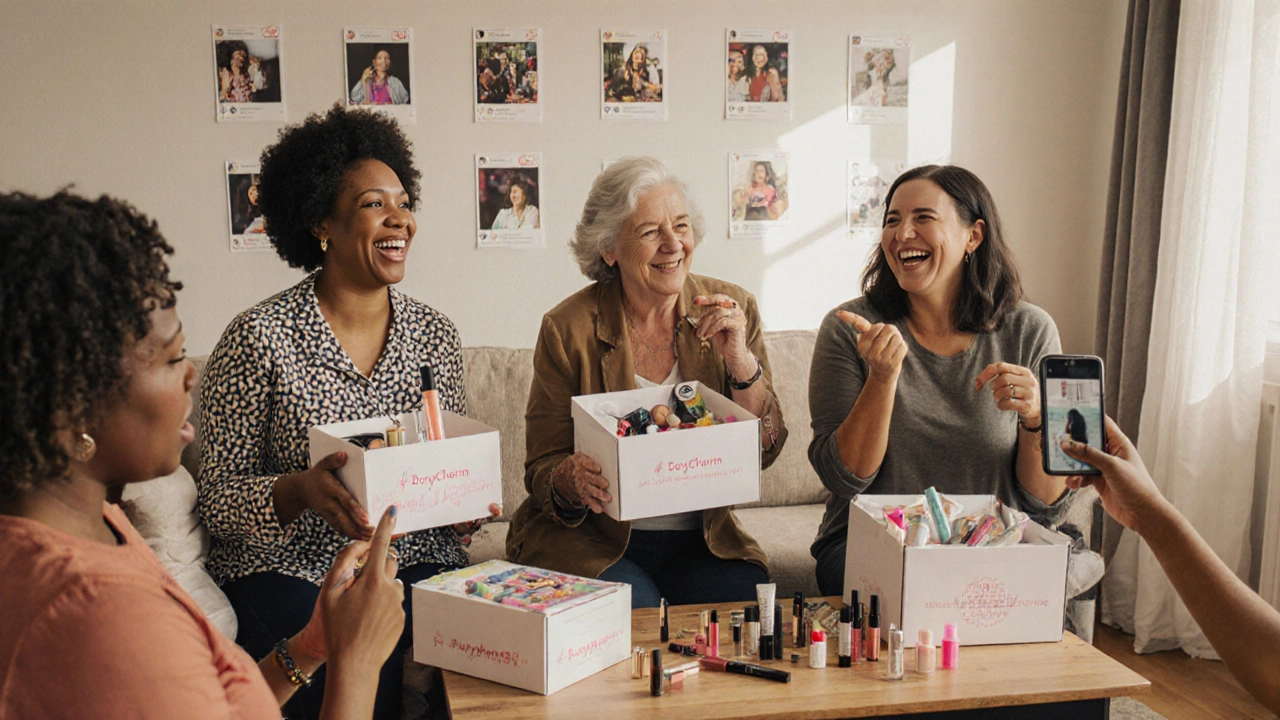 Diverse group of women celebrating their BoxyCharm hauls together in a sunlit room.