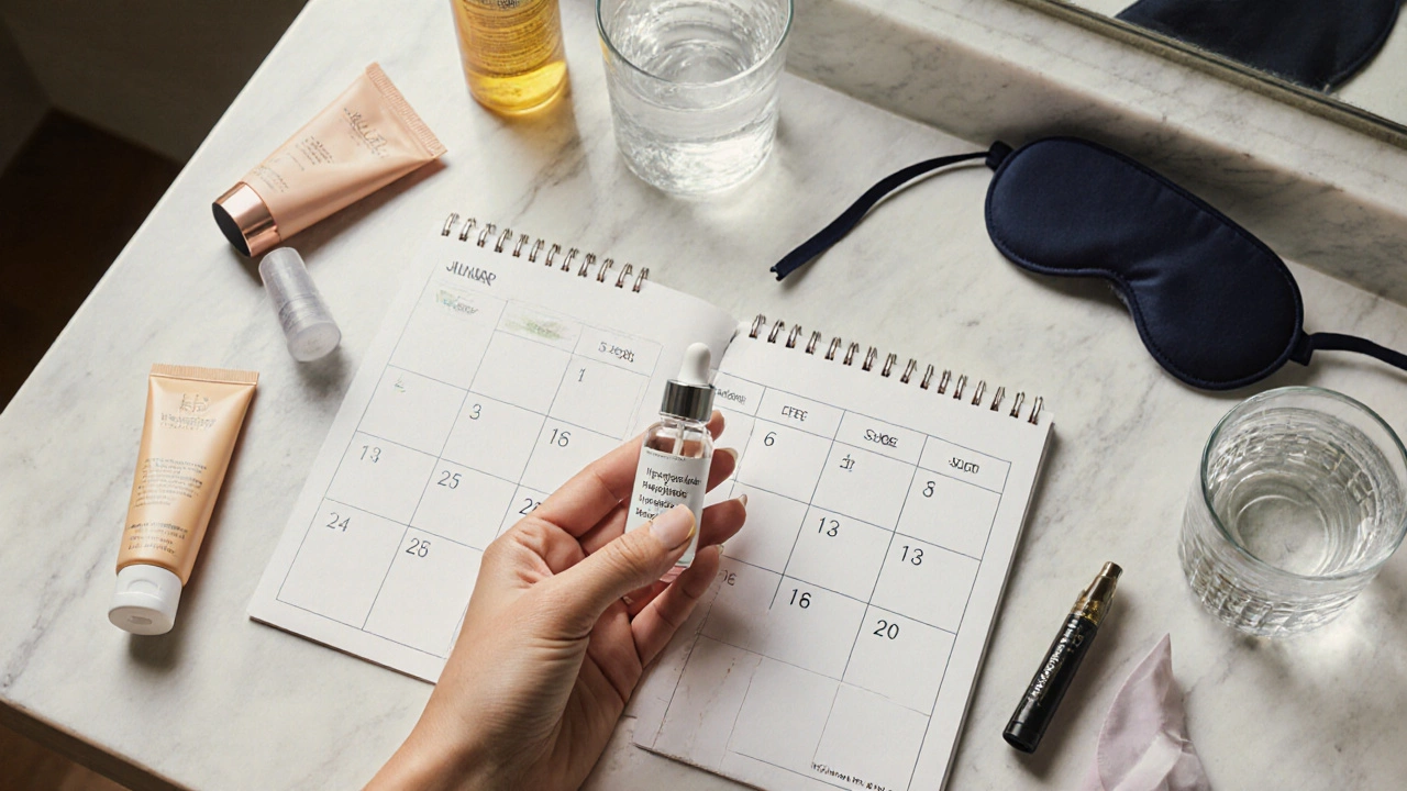 Hand holding anti-aging serum beside calendar and daily care items on a vanity, symbolizing consistent skincare routine.