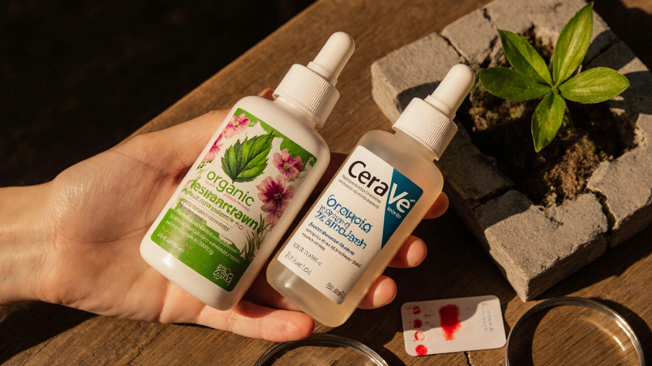 Hand holding organic and drugstore skincare bottles with patch test and plant growing through concrete.