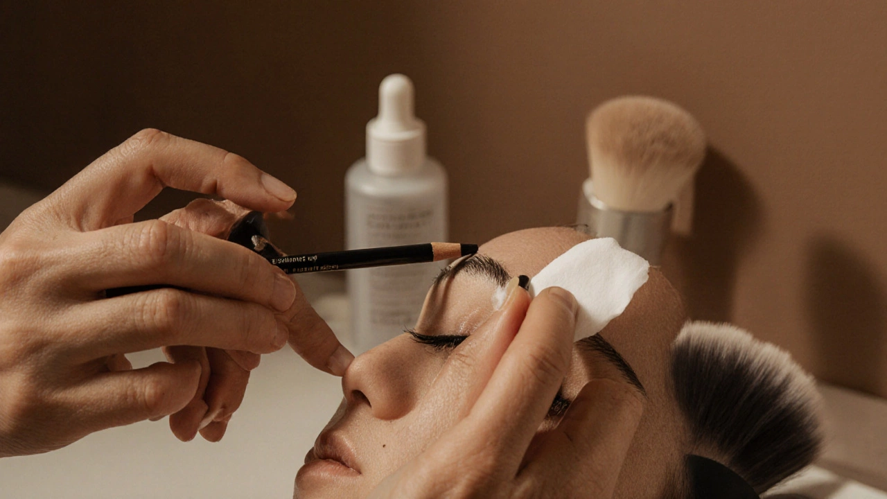 Hands blending eyeliner with a cotton swab along the natural lash line.