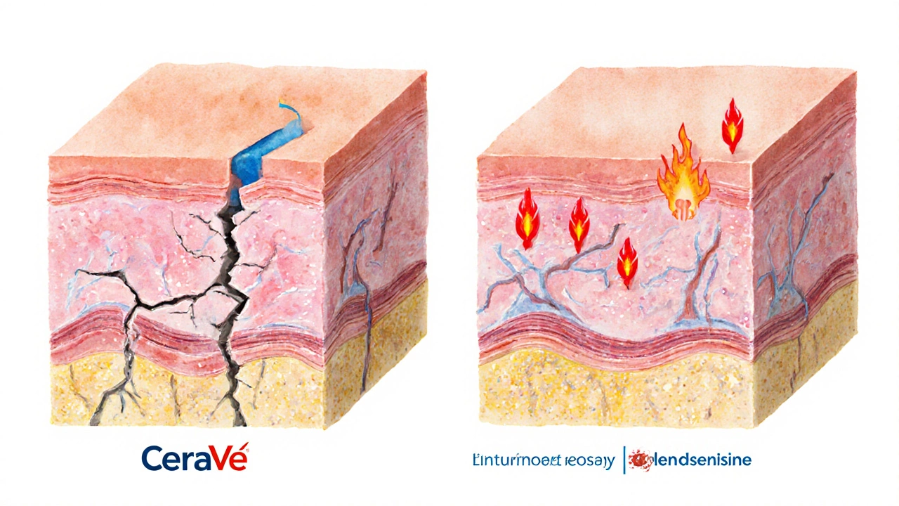 Illustration comparing CeraVe and La Roche Posay skin repair mechanisms with barrier and nerve calming symbols.