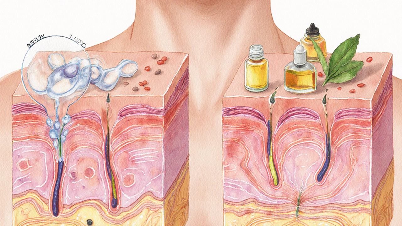 Magnified skin barrier showing synthetic ingredients penetrating deeper than plant-based oils.