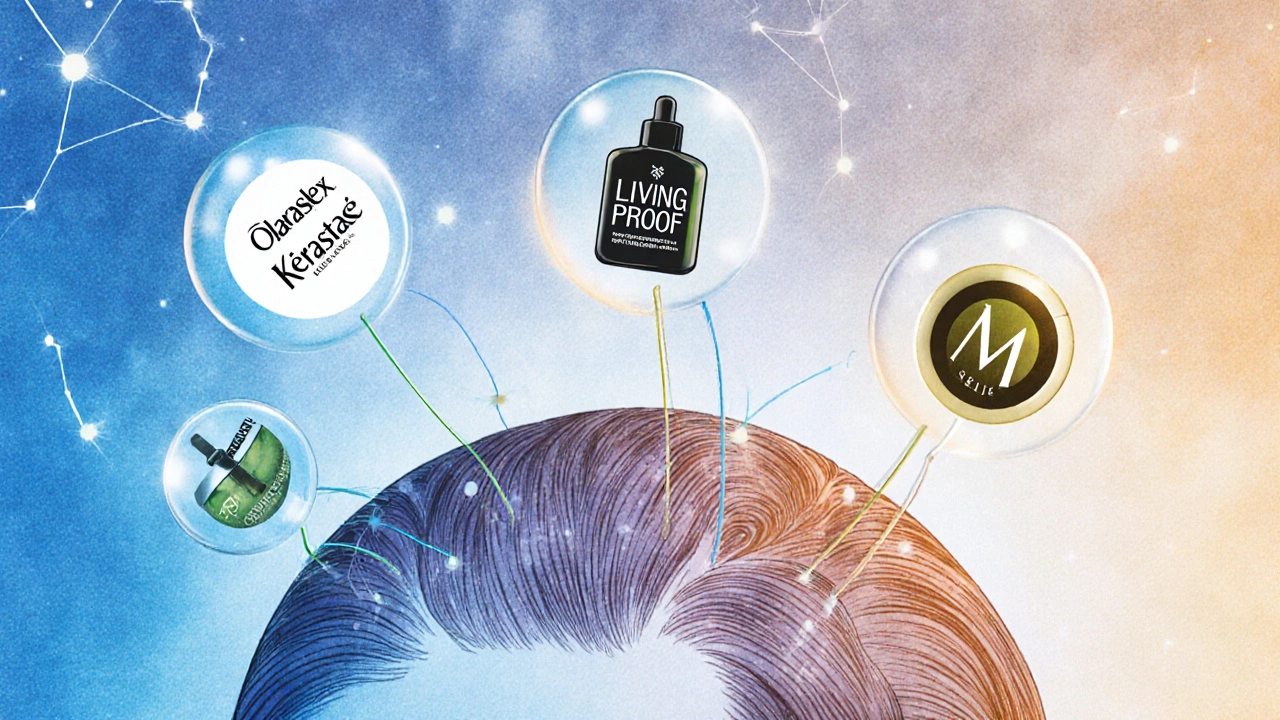 Microscopic view of scalp conditions connected by colored threads to five haircare brand logos.