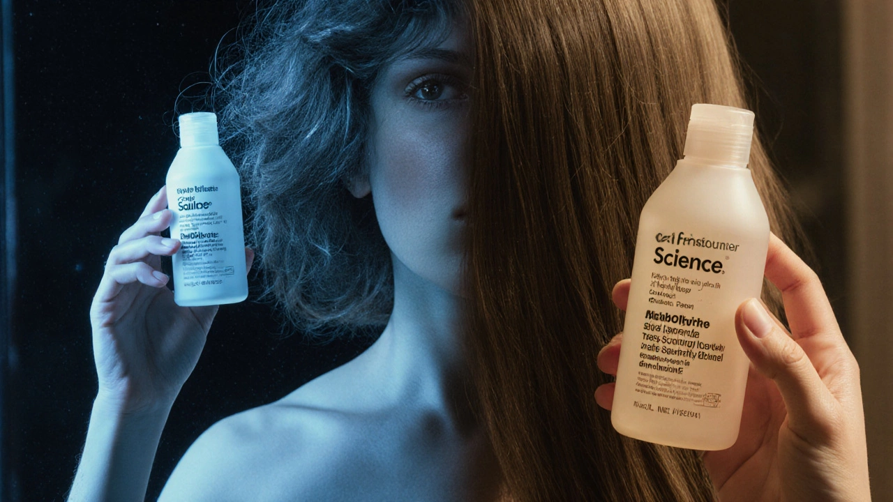 Person in mirror with two hair reflections: frizzy &#039;Hype&#039; vs. healthy &#039;Science&#039;, holding shampoo with visible ingredients.